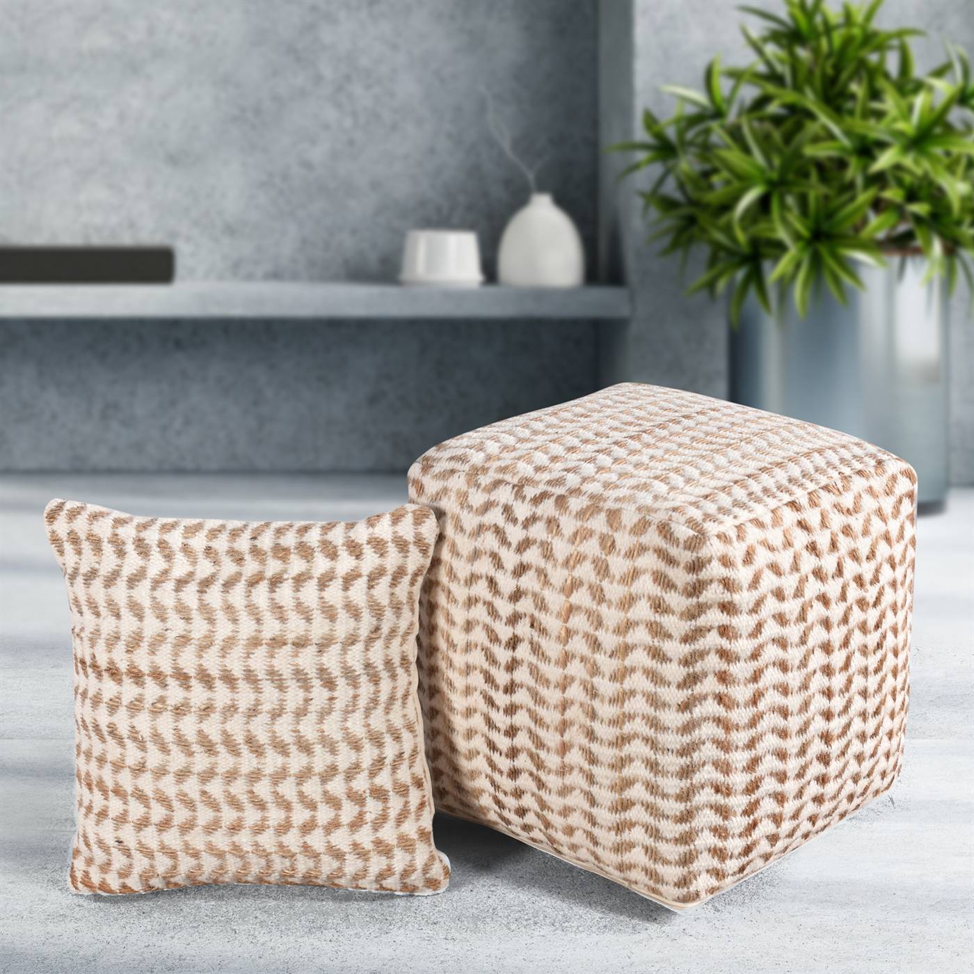 Basento Pouf, 40x40x40 cm, Natural, Natural White, Jute, Wool, Hand Woven, Pitloom, Flat Weave