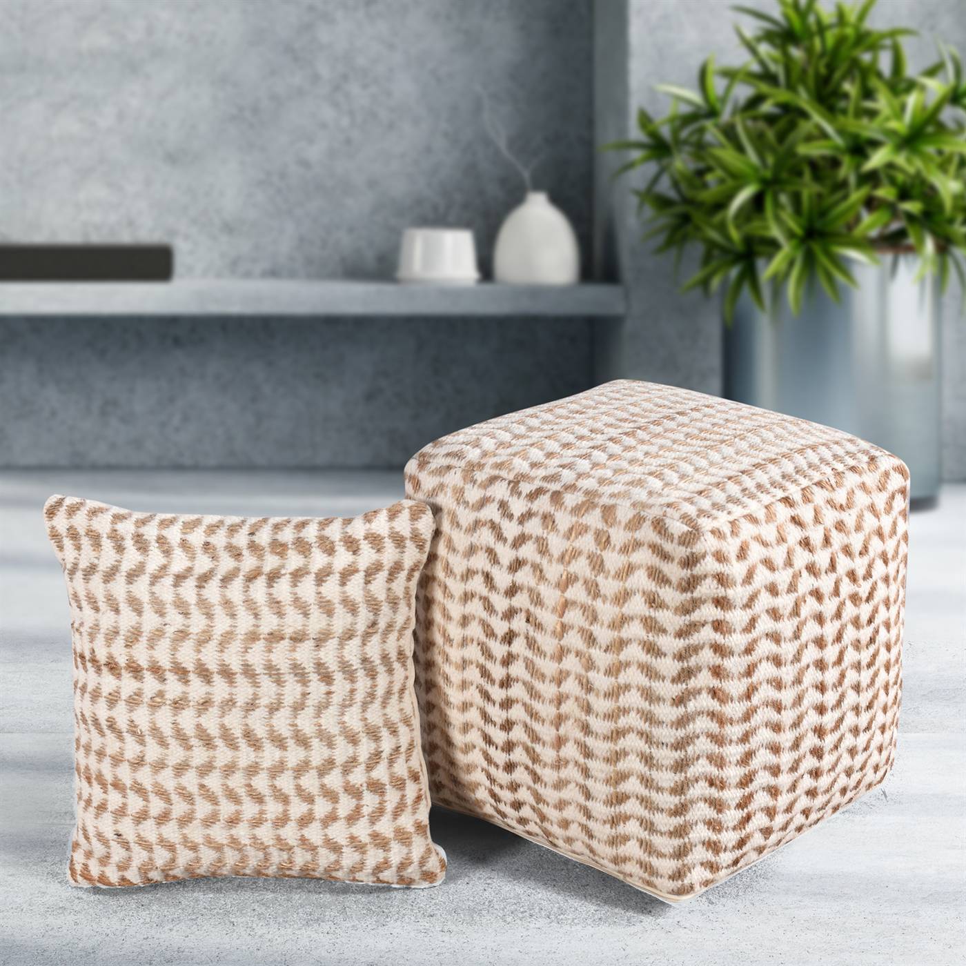 Basento Cushion, 45x45 cm, Natural, Natural White, Jute, Wool, Hand Woven, Pitloom, Flat Weave