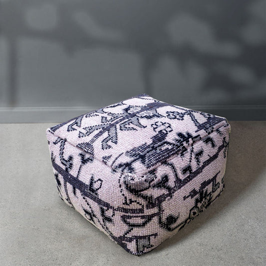 Bastille Cuboid Pouf, Wool, Grey, Black, Hand knotted, All Cut