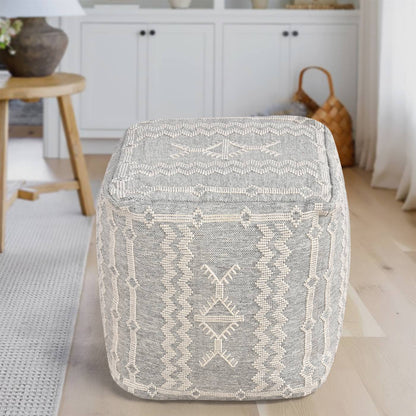 Berat Pouf, 40x40x40 cm, Grey, Natural White, Polypropylene, PET, Hand Woven, Pitloom, Flat Weave