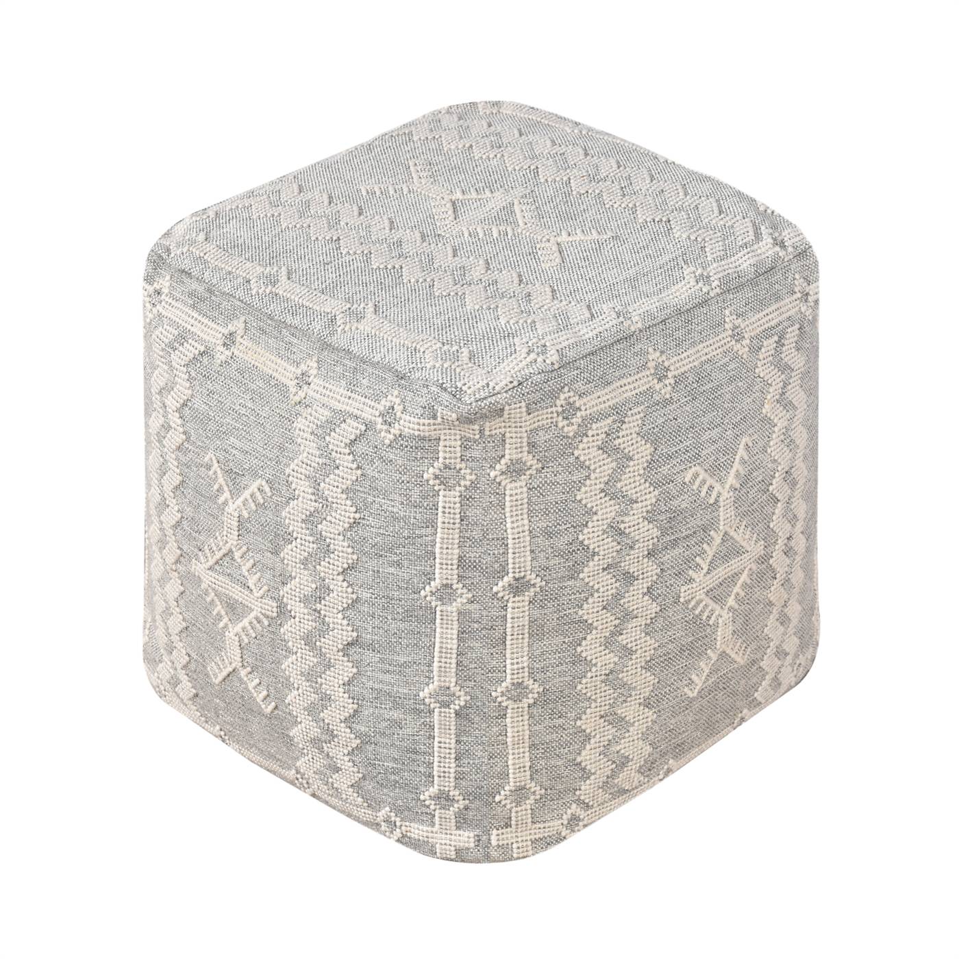 Berat Pouf, 40x40x40 cm, Grey, Natural White, Polypropylene, PET, Hand Woven, Pitloom, Flat Weave