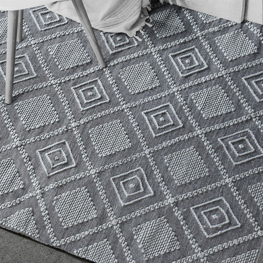 Area Rug, Bedroom Rug, Living Room Rug, Living Area Rug, Indian Rug, Office Carpet, Office Rug, Shop Rug Online, Wool, Cotton, Grey, Natural White, Pitloom, Flat Weave, Geometrical