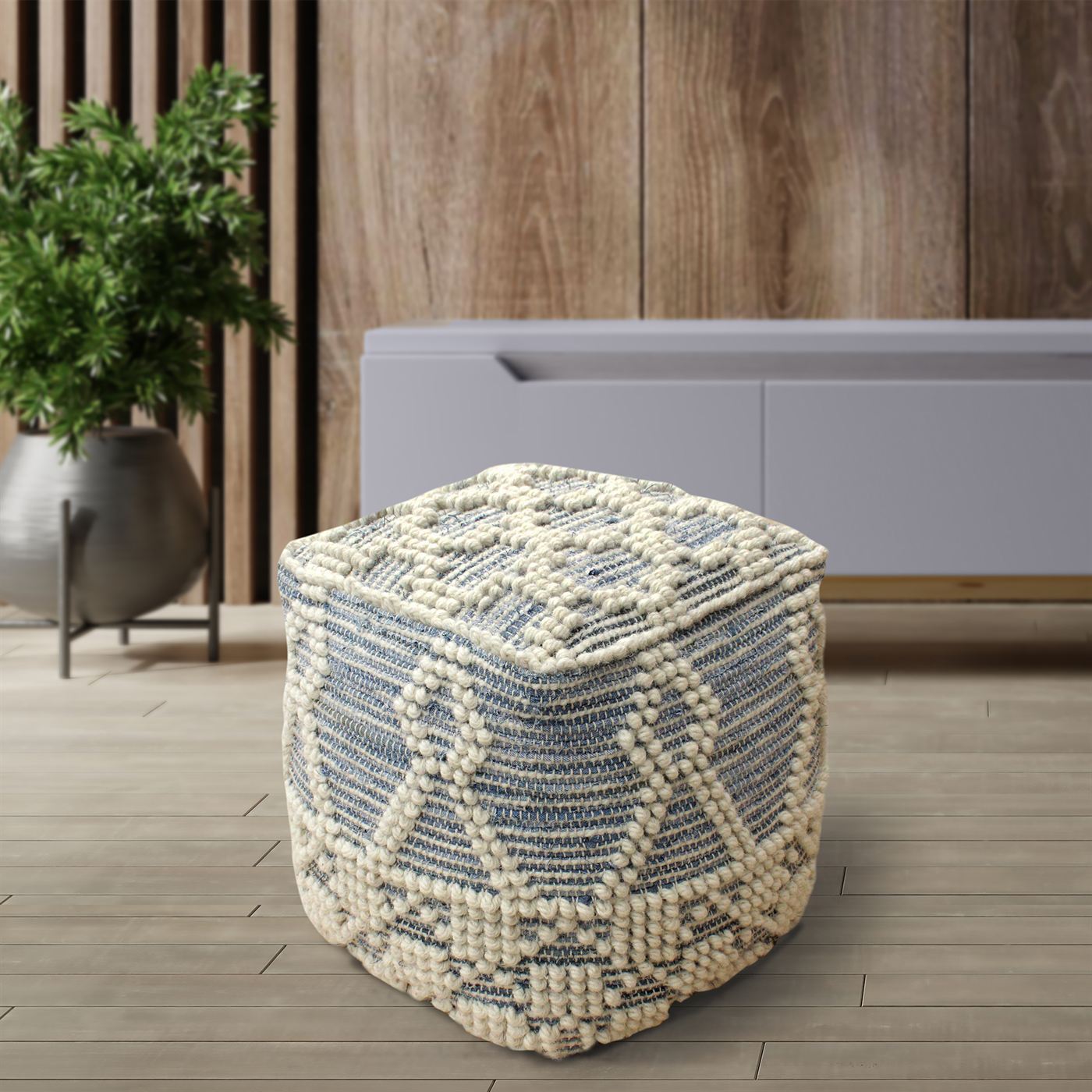Billnas Pouf, Denim, Wool, Blue, Natural White, Pitloom, All Loop