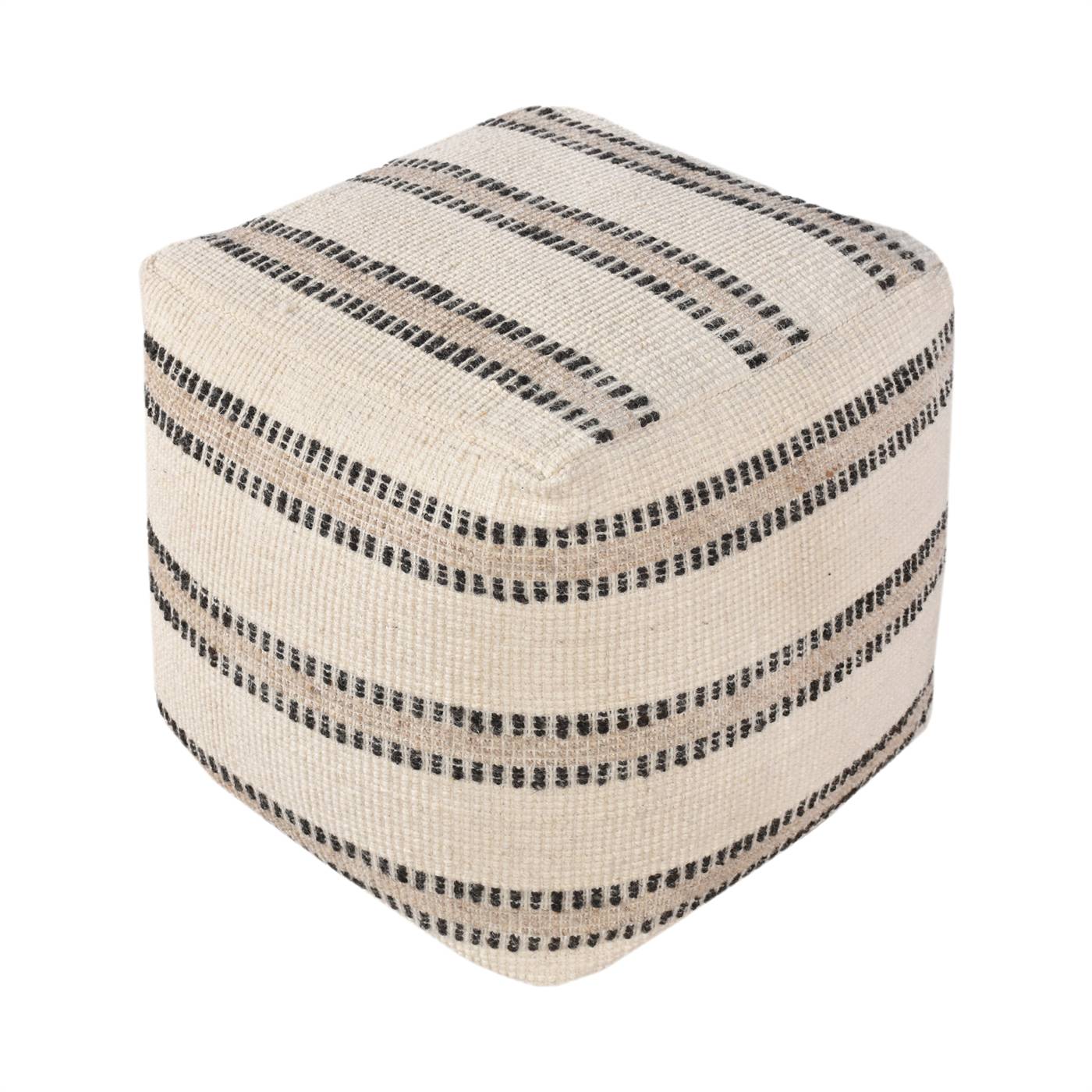 Blavet Pouf, 40x40x40 cm, Natural White, Charcoal, Wool, Hand Woven, Handwoven, All Loop