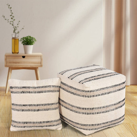 Blavet Pouf, 40x40x40 cm, Natural White, Charcoal, Wool, Hand Woven, Handwoven, All Loop