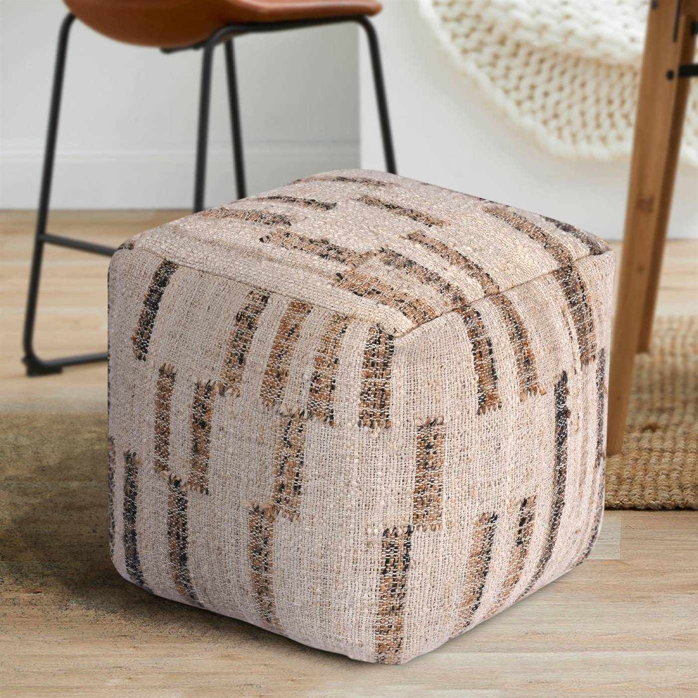 Blythe Pouf, 40x40x40 cm, Natural, Natural White, Jute, Punja Kelim, Punja, Flat Weave