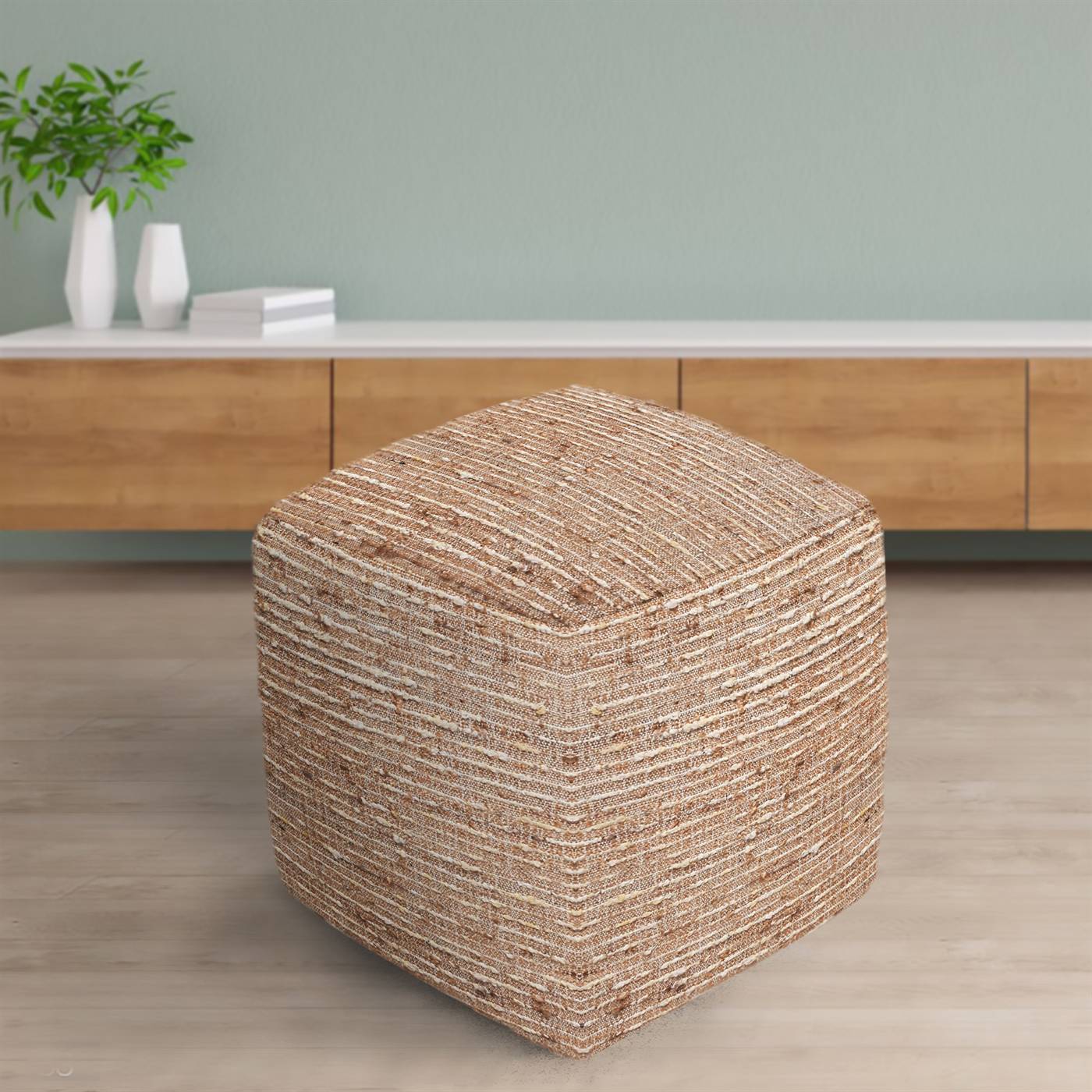 Bolsover Pouf, 40x40x40 cm, Natural, Beige, Jute, Wool Polyester Blend, Punja Kelim, Punja, Flat Weave