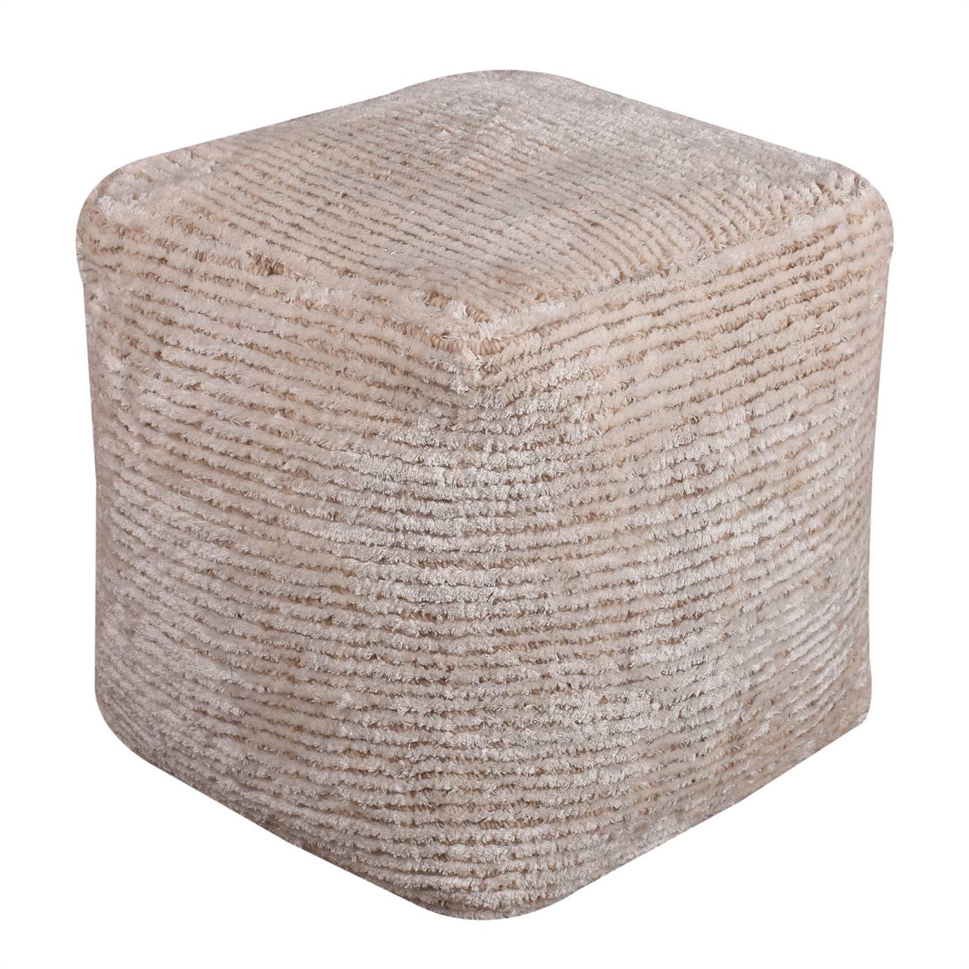 Bony Pouf, 40x40x40 cm, Natural White, Viscose, Wool, Hand Woven, Handwoven, Cut And Loop