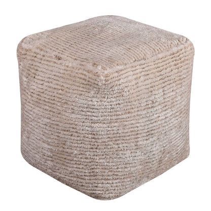 Bony Pouf, 40x40x40 cm, Natural White, Viscose, Wool, Hand Woven, Handwoven, Cut And Loop