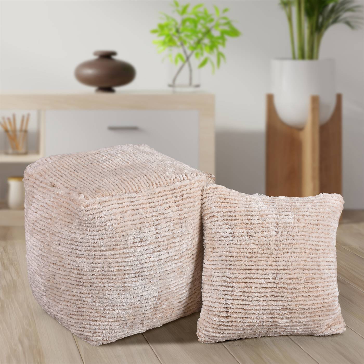 Bony Pouf, 40x40x40 cm, Natural White, Viscose, Wool, Hand Woven, Handwoven, Cut And Loop