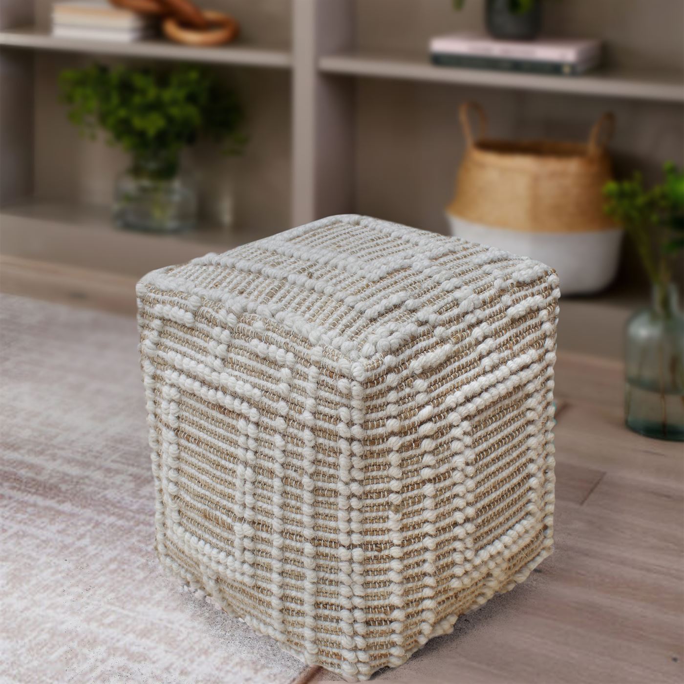 Borovo Pouf, Jute, Wool, Natural, Natural White, Pitloom, All Loop