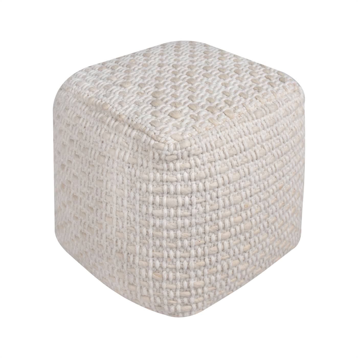 Brenda-II Pouf, 40x40x40 cm, Natural White, Wool, Hand Woven, Pitloom, Flat Weave
