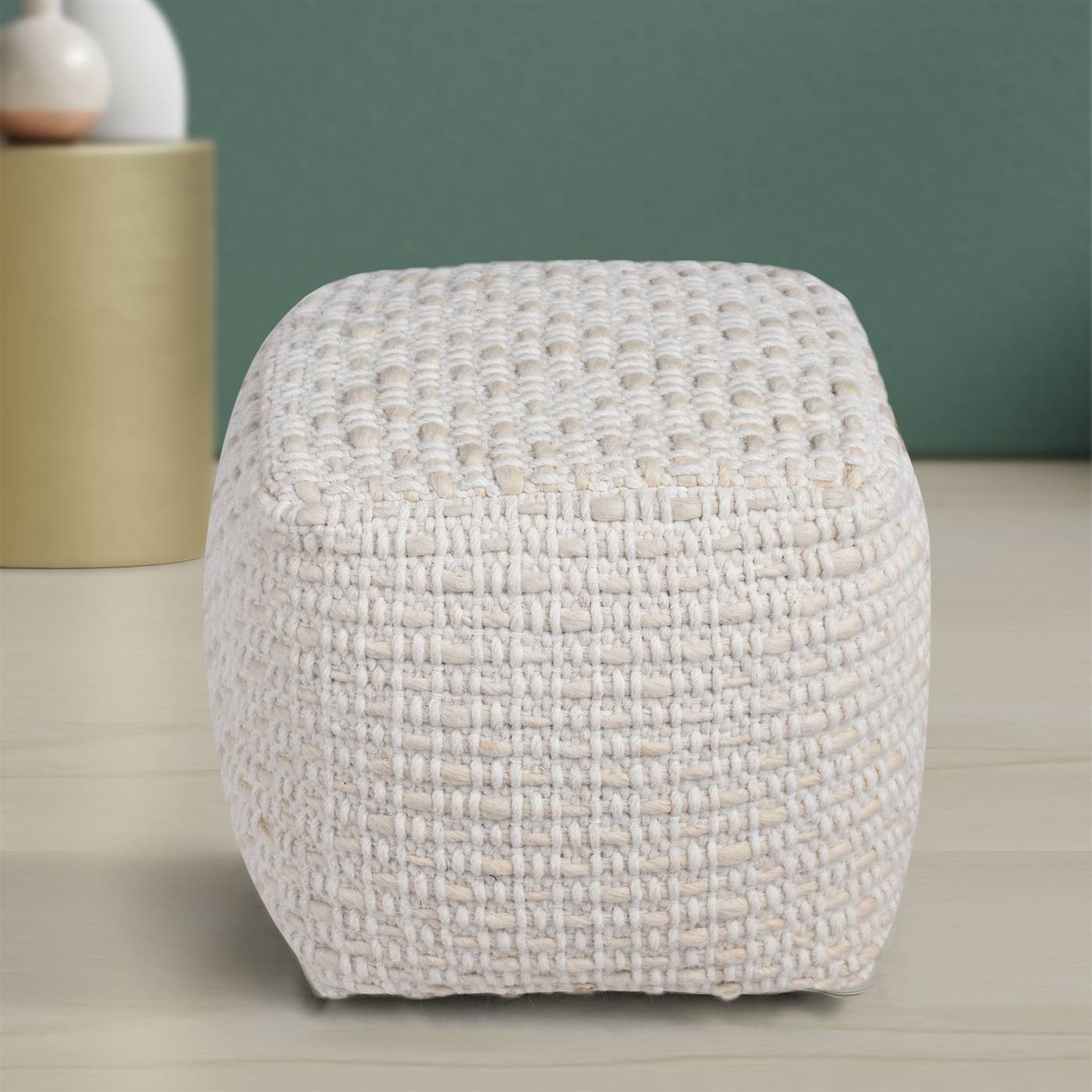 Brenda-II Pouf, 40x40x40 cm, Natural White, Wool, Hand Woven, Pitloom, Flat Weave