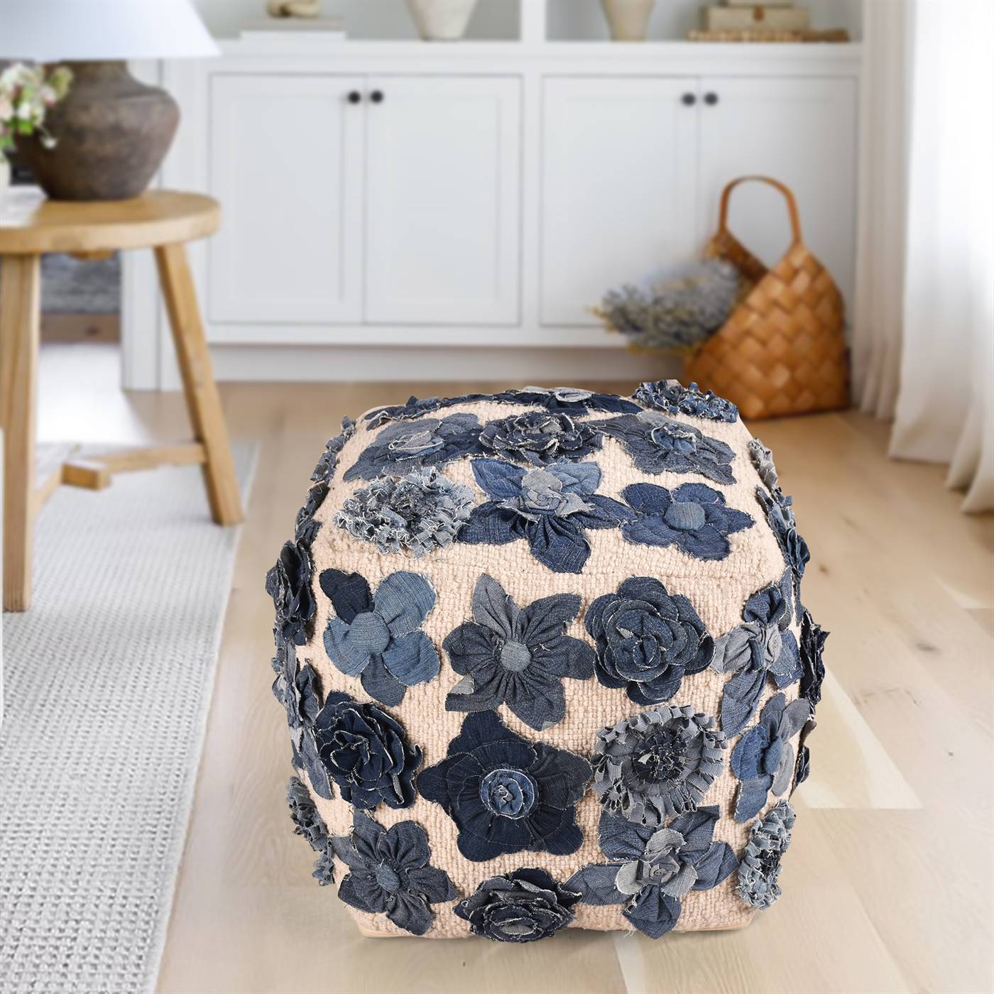 Bronco Pouf, 40x40x40 cm, Natural White, Blue, Wool, Denim, Hand Woven, Handwoven, Flat Weave