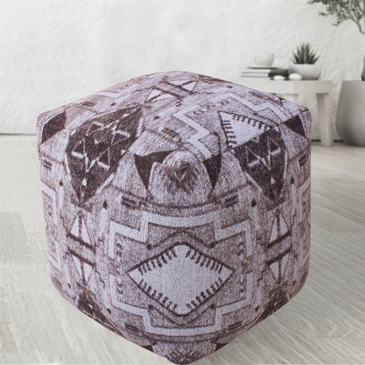 Brotino Pouf, Cotton, Polyester, Taupe, Natural White, Jaquard Durry, Flat Weave