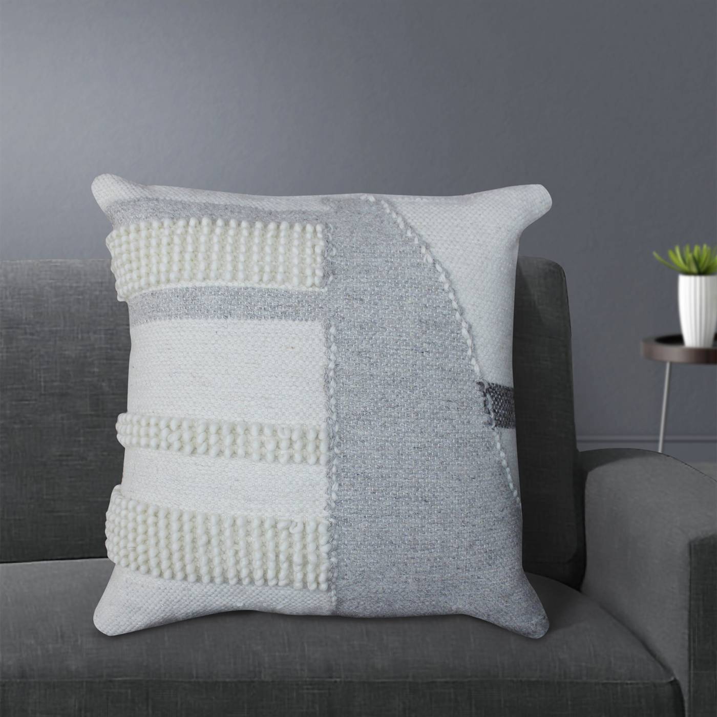 Buchan Cushion, 56x56 cm, Natural White, Grey, Wool, Hand Woven, Pitloom, All Loop