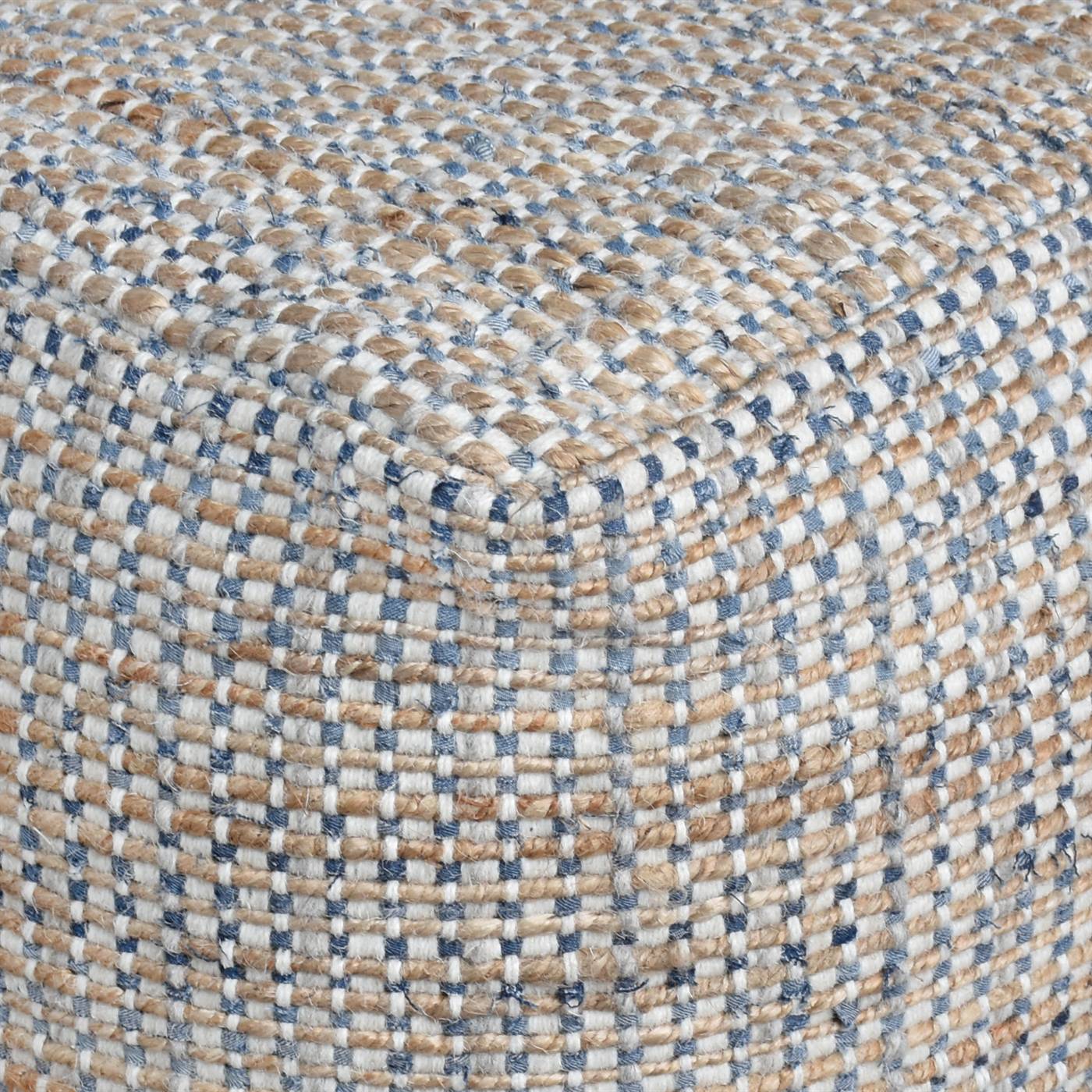 Burling Pouf, 40x40x40 cm, Natural, Blue, Wool, Jute, Denim, Hand Woven, Pitloom, Flat Weave