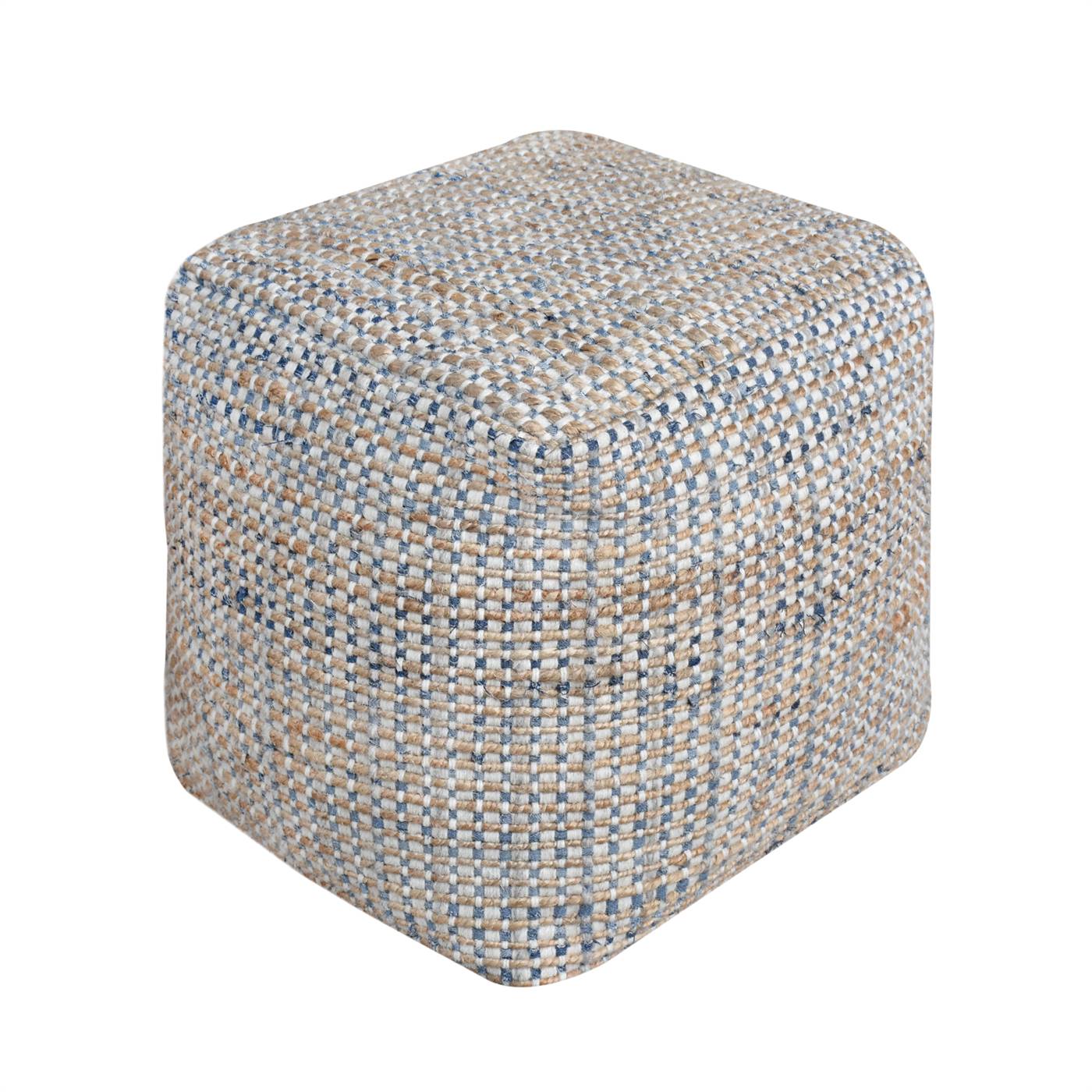 Burling Pouf, 40x40x40 cm, Natural, Blue, Wool, Jute, Denim, Hand Woven, Pitloom, Flat Weave