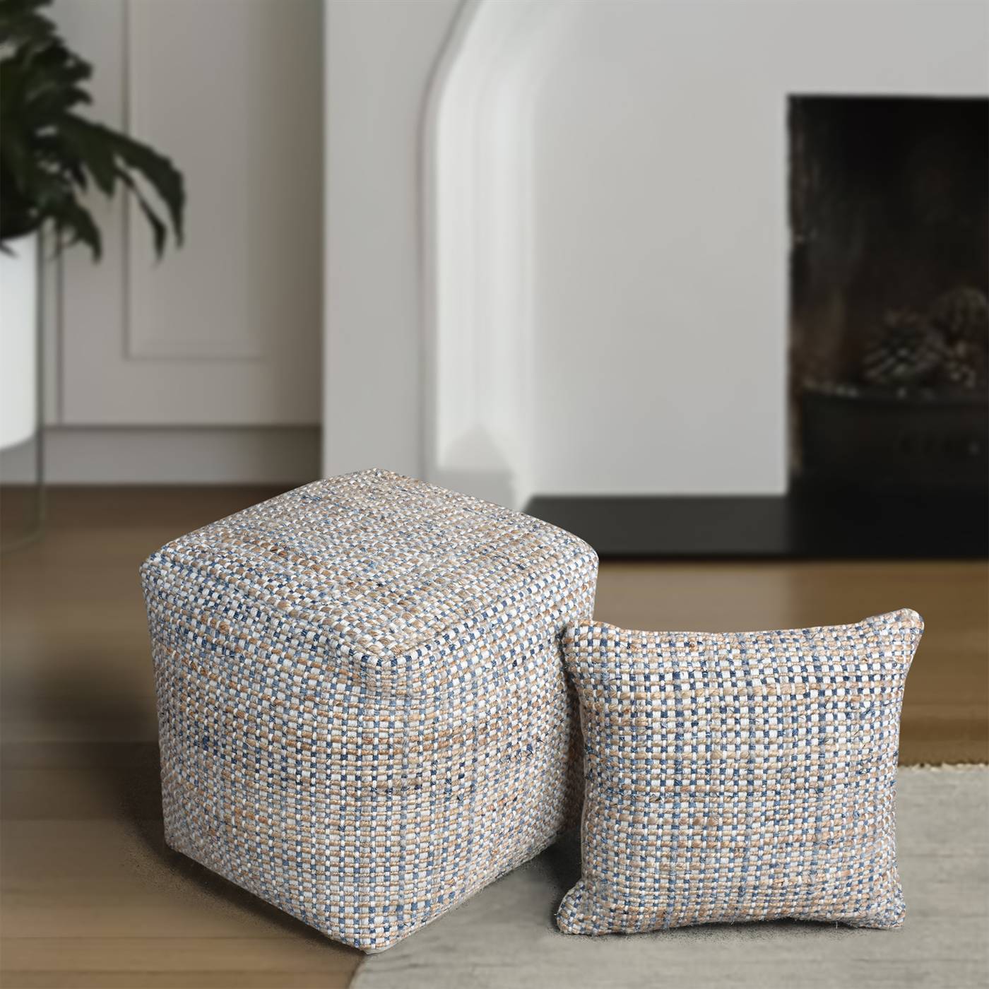 Burling Pouf, 40x40x40 cm, Natural, Blue, Wool, Jute, Denim, Hand Woven, Pitloom, Flat Weave