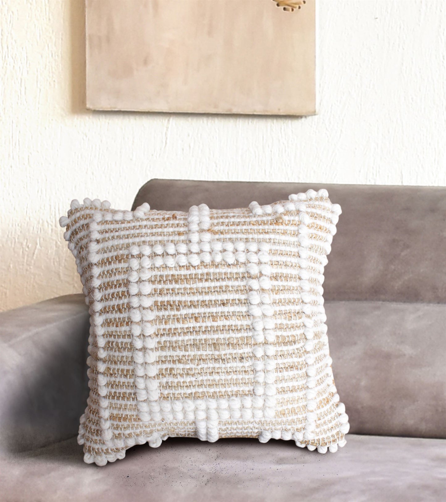Borovo Cushion, Jute, Wool, Natural, Natural White, Pitloom, All Loop