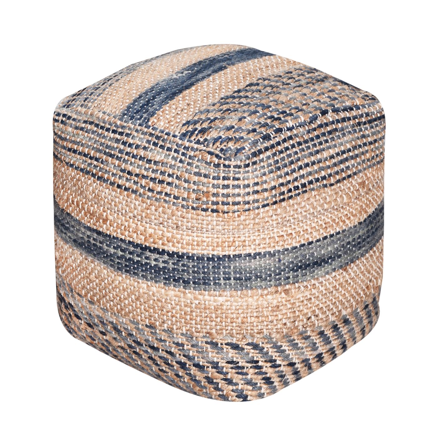 Caiman Pouf, Wool, Hemp, Natural, Blue, Pitloom, Flat Weave 