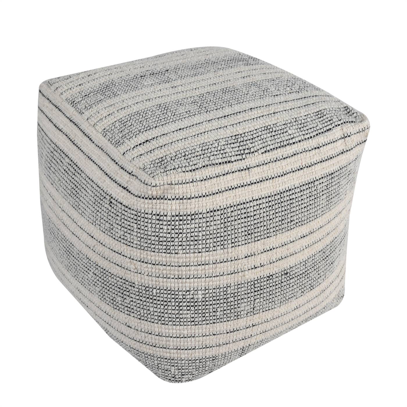 Calmar Pouf, 40x40x40 cm, Natural White, Charcoal, Wool, Hand Woven, Handwoven, Flat Weave