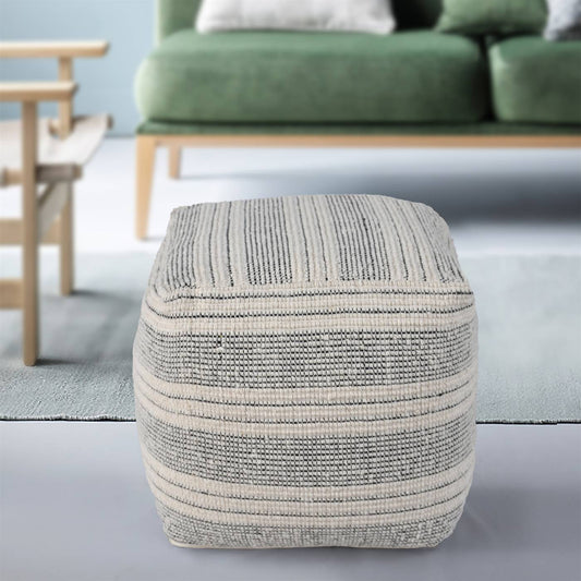 Calmar Pouf, 40x40x40 cm, Natural White, Charcoal, Wool, Hand Woven, Handwoven, Flat Weave