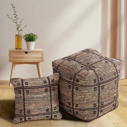 Camotes Pouf, 40x40x40 cm, Natural, Brown, Jute, Cotton, Hand Woven, Pitloom, Flat Weave