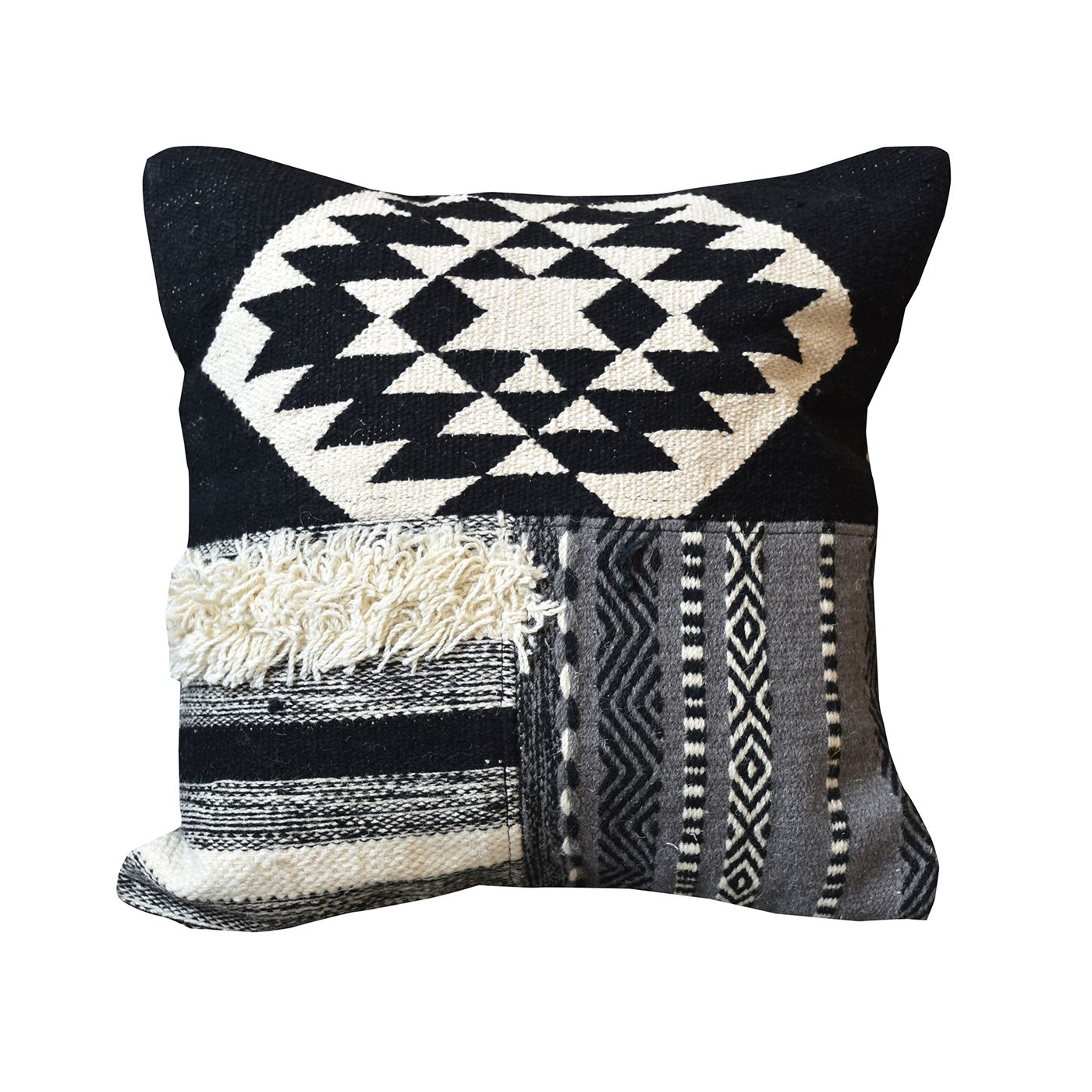 Carmor Pillow, Wool, Cotton, Natural White, Charcoal, Pitloom, Flat Weave