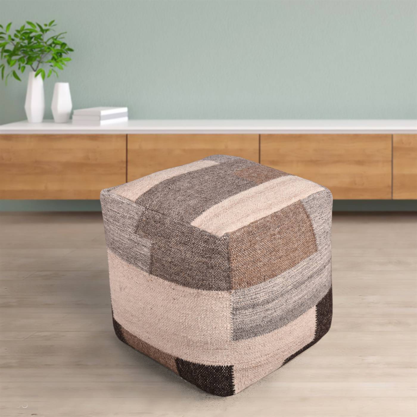 Carrick Pouf, 40x40x40 cm, Natural, Wool, Punja Kelim, Pitloom, Flat Weave