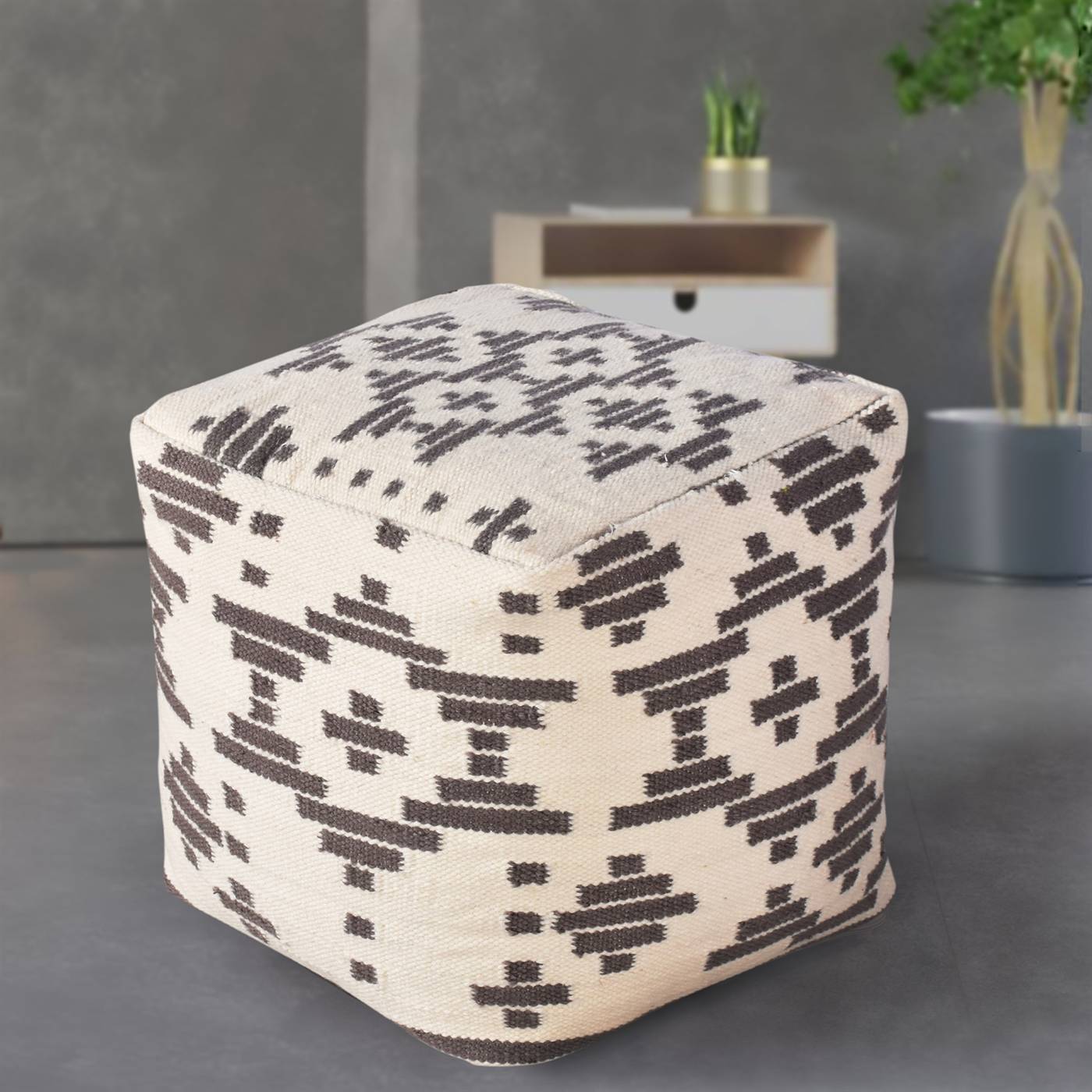 Castres Pouf, 40x40x40 cm, Natural White, Taupe, NZ Wool, Punja Kelim, Pitloom, Flat Weave