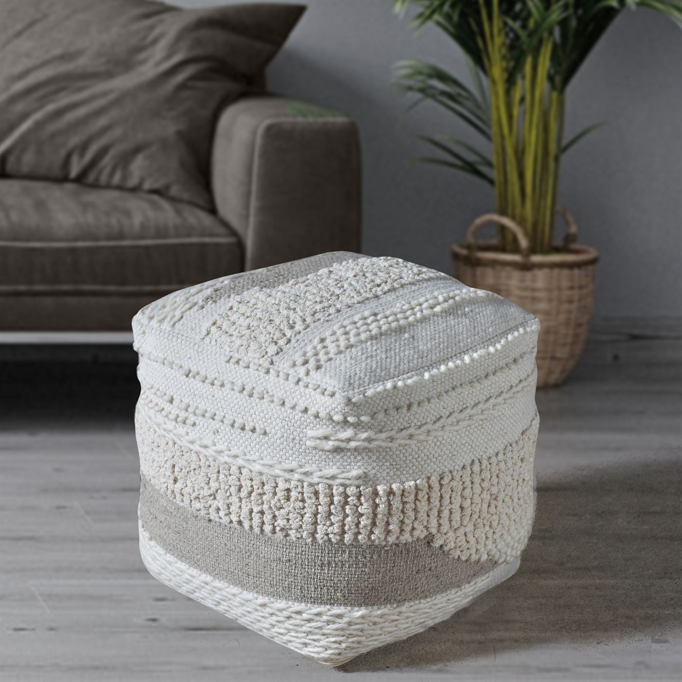 Chinon Pouf, Wool, Cotton Chenille, Natural White, Pitloom, All Loop