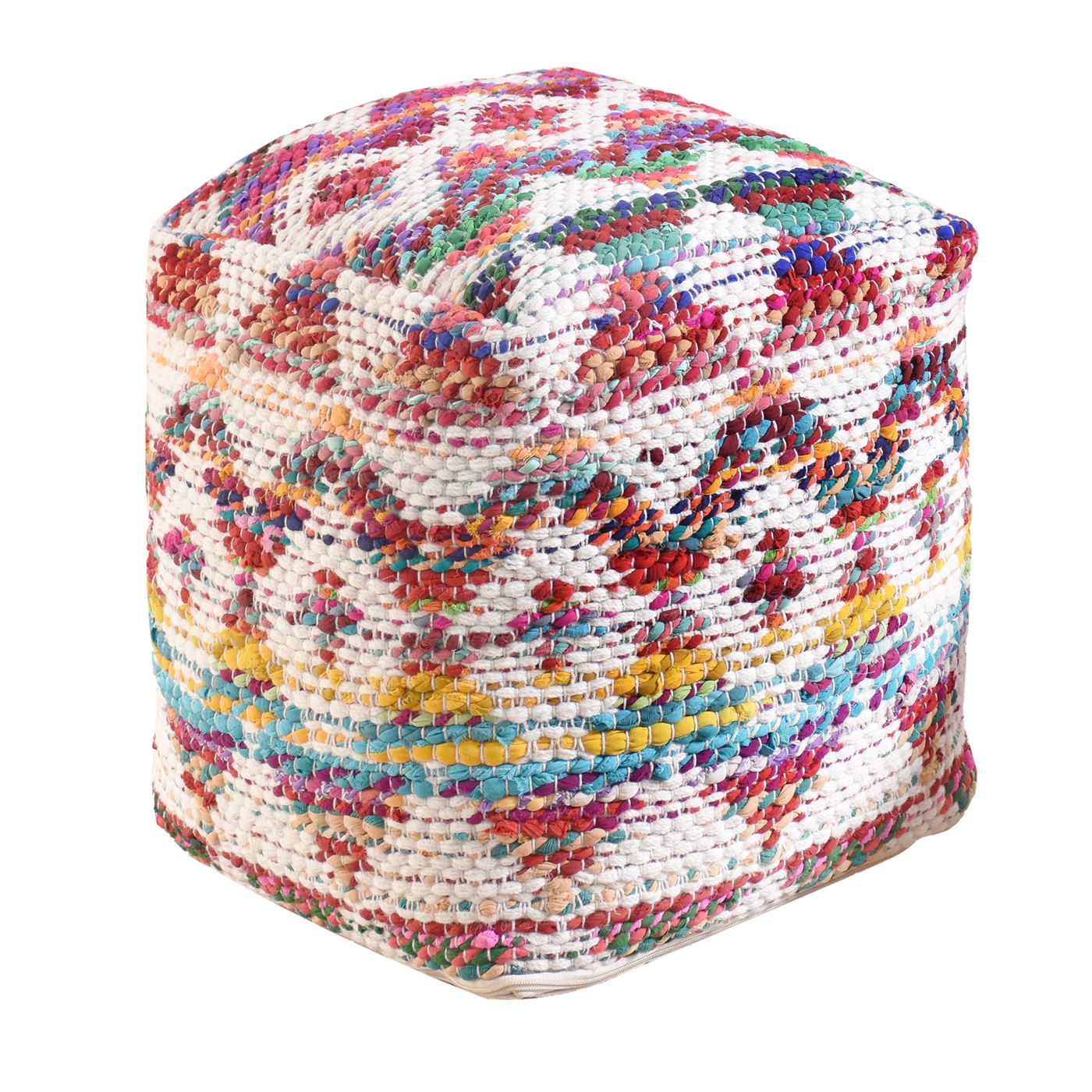 Colfax Pouf, Jodhpuri Dori, Wool, Cotton, Natural White, Multi, Pitloom, Flat Weave