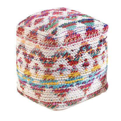 Colfax Pouf, Jodhpuri Dori, Wool, Cotton, Natural White, Multi, Pitloom, Flat Weave