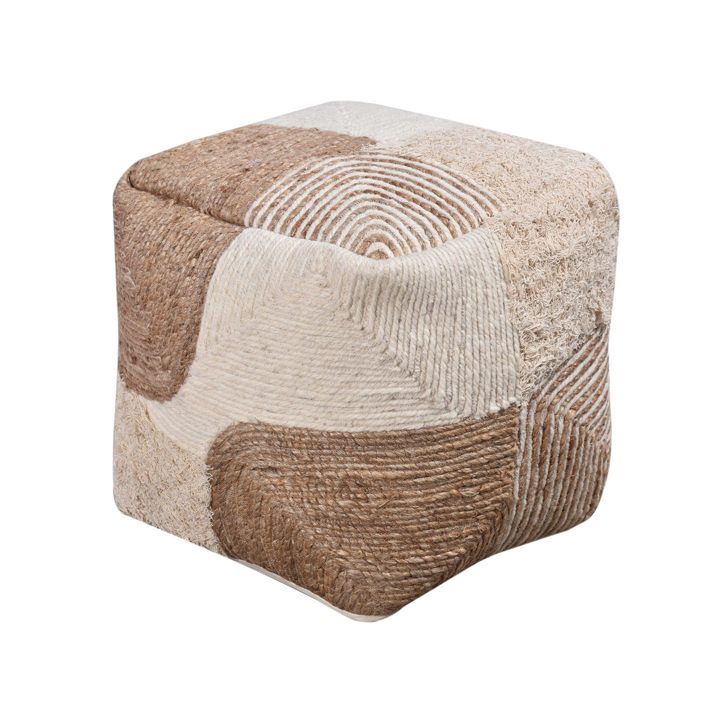 Colusa Pouf, Jute, Wool, Cotton Salvage, Natural, Natural White, Hm Stitching, Flat Weave