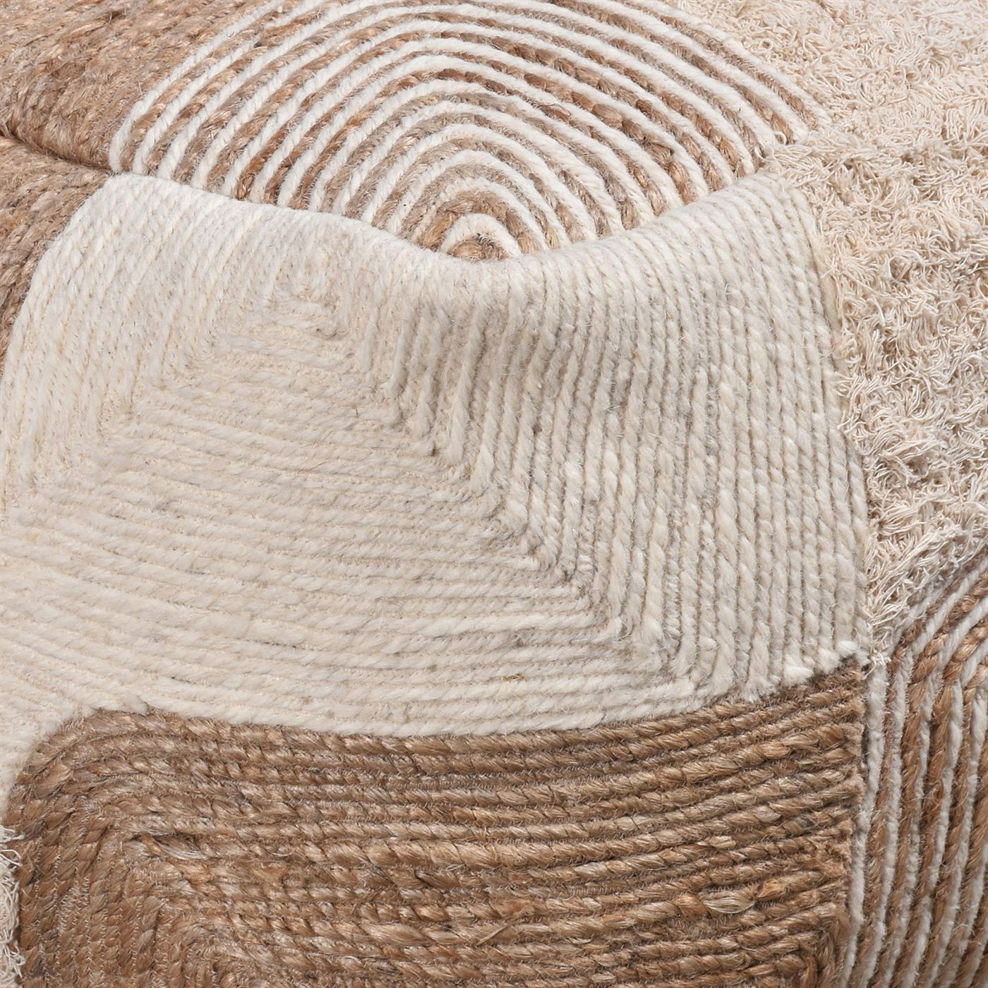 Colusa Pouf, Jute, Wool, Cotton Salvage, Natural, Natural White, Hm Stitching, Flat Weave