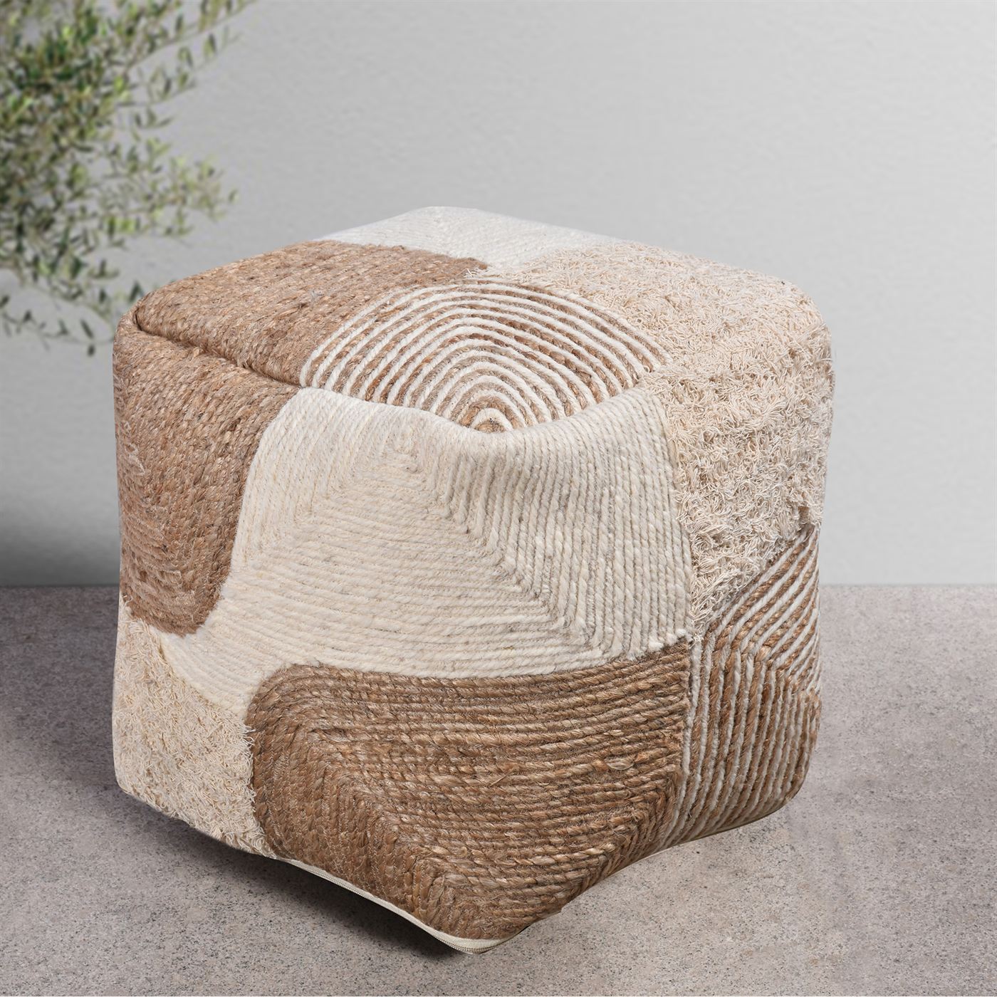 Colusa Pouf, Jute, Wool, Cotton Salvage, Natural, Natural White, Hm Stitching, Flat Weave