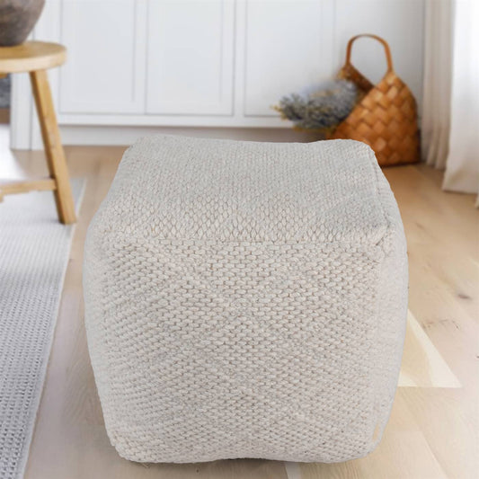 Cometa Pouf, 40x40x40 cm, Natural White, Wool, Hand Woven, Pitloom, Flat Weave