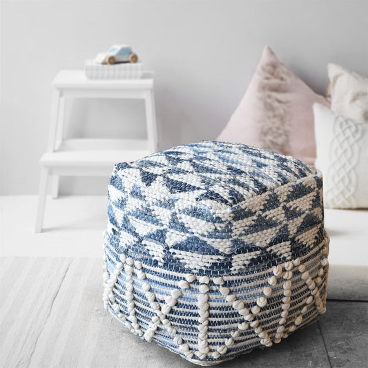 Cooray Pouf, Recycled Denim, Wool, Cotton, Natural White, Blue, Pitloom, All Loop