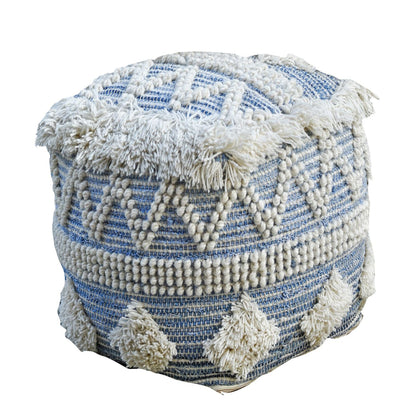 Corvus Pouf, Denim, Wool, Natural White, Blue, PUNJA / FLAT WEAVE