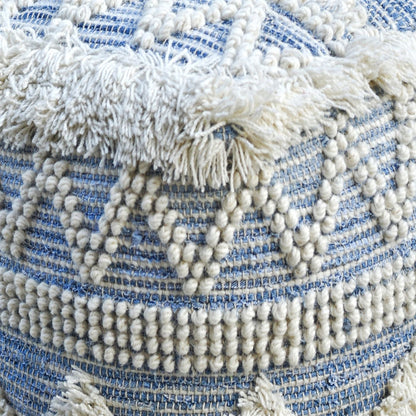 Corvus Pouf, Denim, Wool, Natural White, Blue, PUNJA / FLAT WEAVE