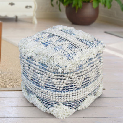 Corvus Pouf, Denim, Wool, Natural White, Blue, PUNJA / FLAT WEAVE