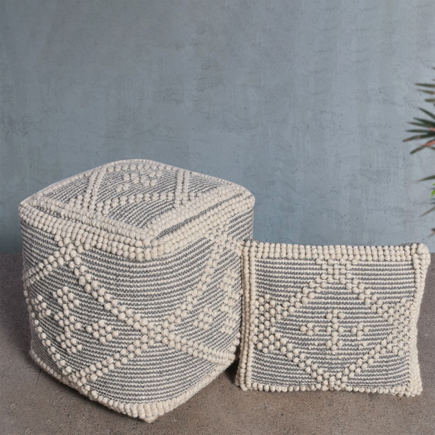 Cottian Pouf, Wool, Natural White, Grey, Pitloom, All Loop