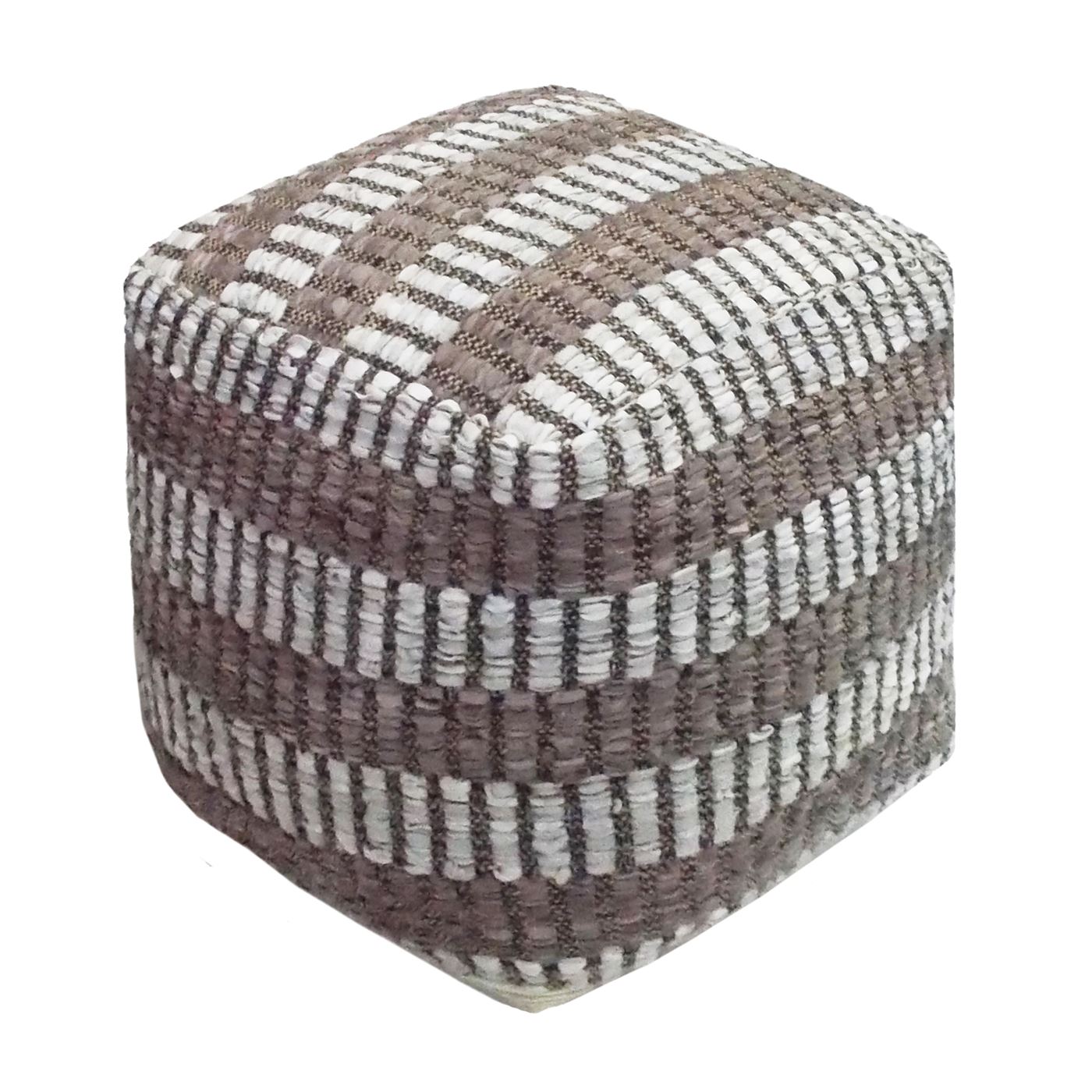 Cranley Pouf, Leather, Hemp, Natural White, Taupe, Pitloom, Flat Weave