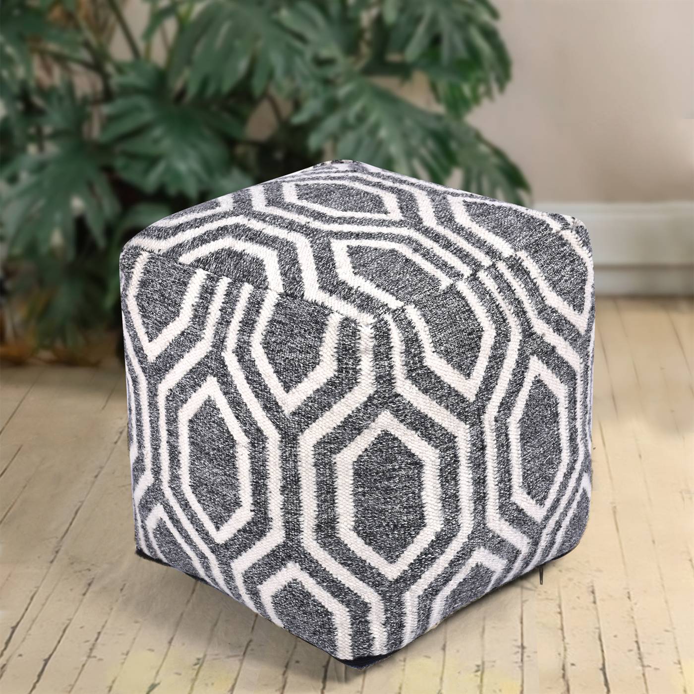 Croix Pouf, 40x40x40 cm, Grey, Natural White, PET, Punja Kelim, Punja, Flat Weave