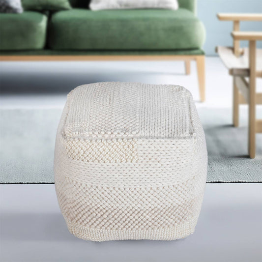 Cyrilla Pouf, 40x40x40 cm, Natural White, Wool, Hand Woven, Pitloom, All Loop