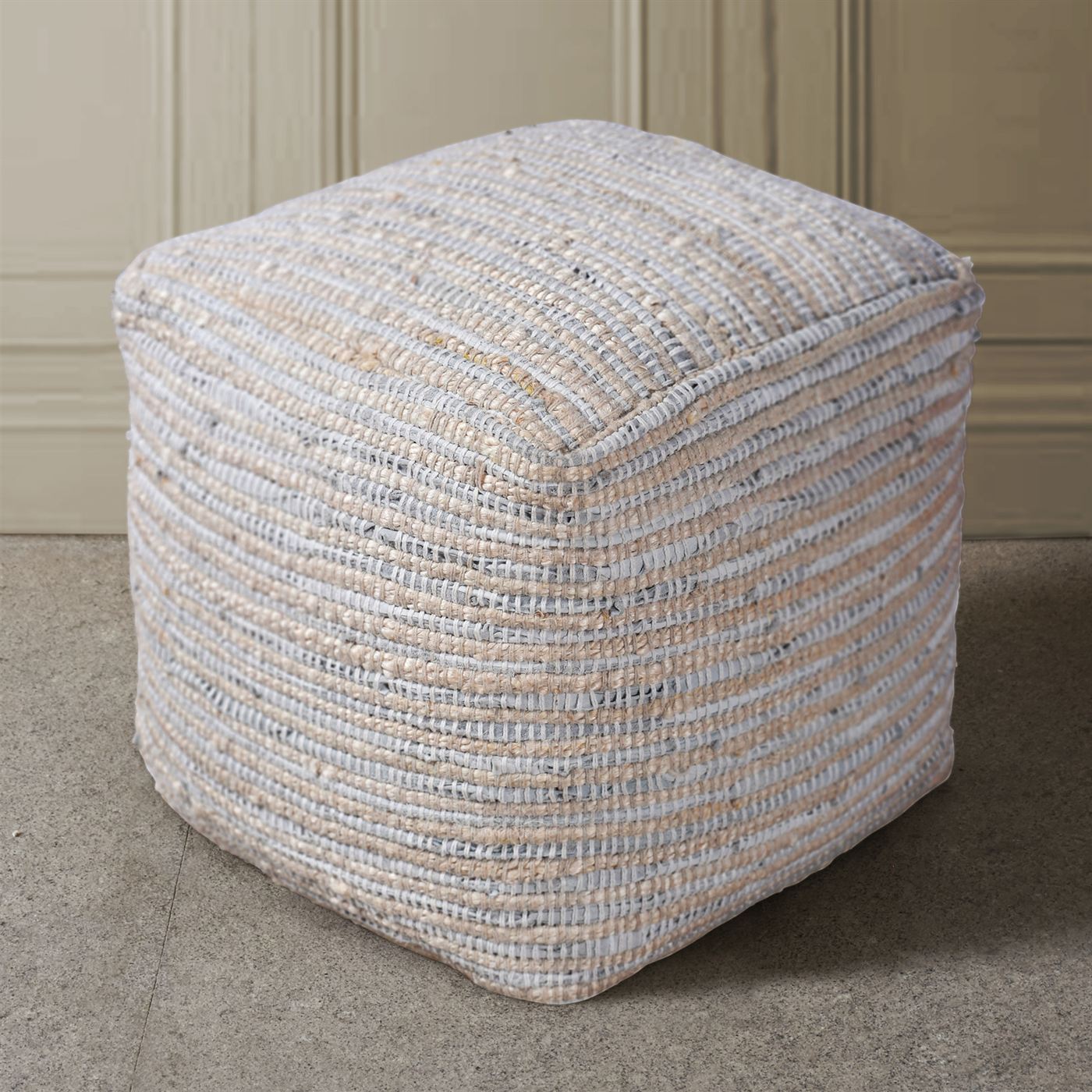 Capulin Pouf, Leather, Jute, Natural White, PITLOOM / FLAT WEAVE