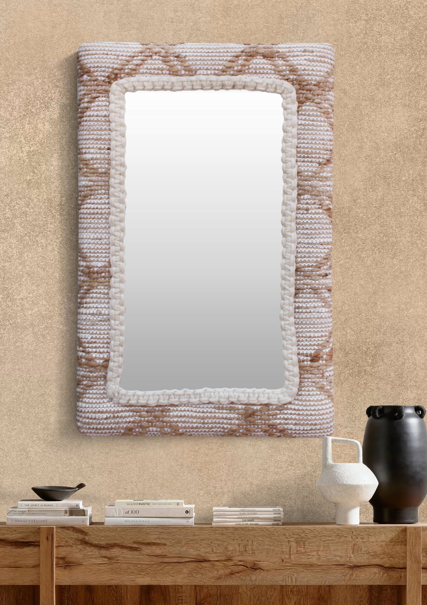 COLONARIE-II WALL MIRROR - IVORY/NATURAL - HAND WOVEN - MDF STRUCTURE - JUTE + NZ WOOL + COTTON RAG