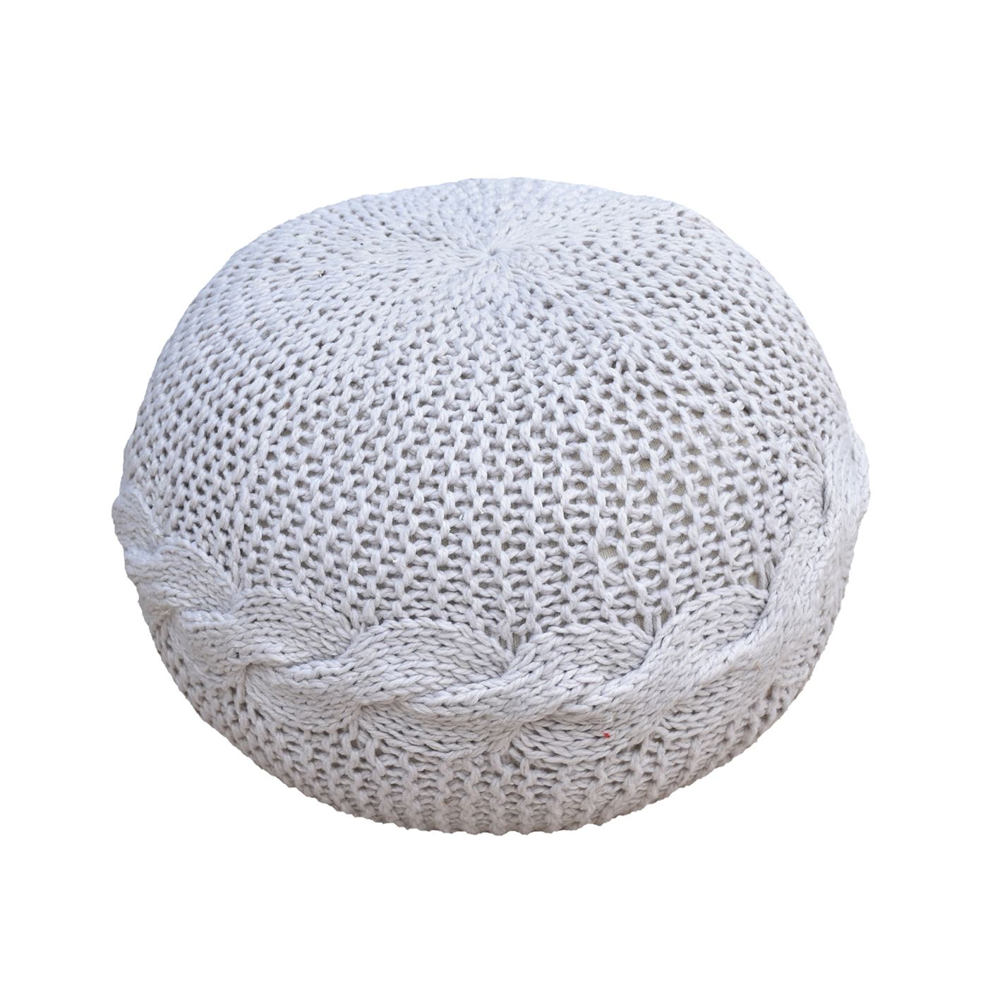 Damsel Round Pouf, Pet, Natural White, Hm Knitted, Flat Weave