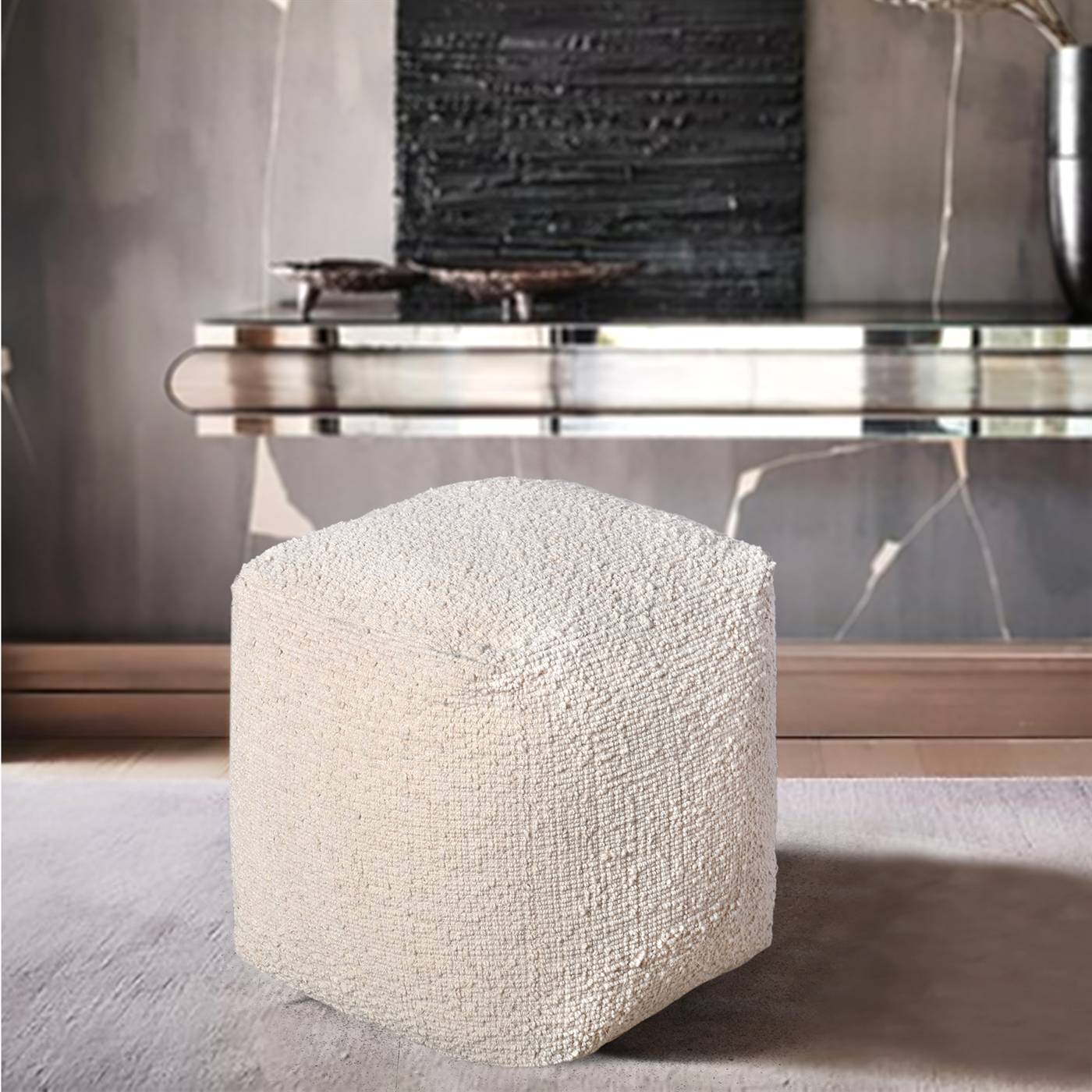 Darya Pouf, 40x40x40 cm, Natural White, Wool, Hand Woven, Handwoven, All Loop